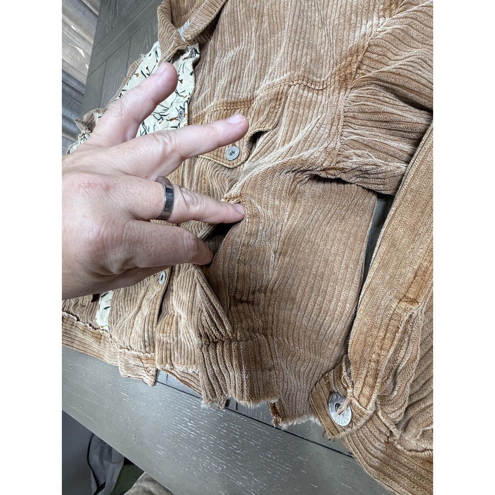 POL Jacket Womens Small Tan Corduroy Floral Patchwork Frayed Hem Oversized Boho - Picture 7 of 11